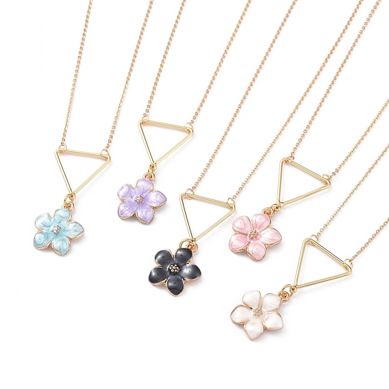 Flower Zinc Alloy Pendant Necklaces, with Enamel, Brass Triangle Pendants, Cable Chain and Lobster Claw Clasps