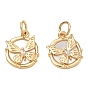Brass Micro Pave Clear Cubic Zirconia Pendants, with White Shell, Flat Round with Butterfly Charms
