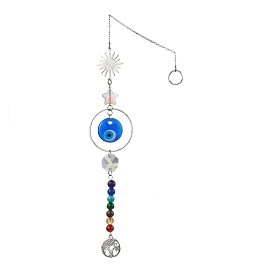 Chakra Natural & Synthetic Gamstone Beads & Glass Evil Eye Hanging Ornaments, Alloy Tree of Life Tassel for Home Decorations