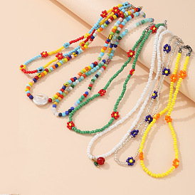Bohemian Style Colorful Daisy Handmade Beaded Necklace Set (7 Pieces)