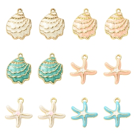 12Pcs 6 Styles Alloy Enamel Pendants, Cadmium Free & Lead Free, Starfish Shape Charms, Light Gold