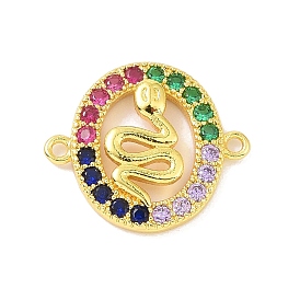 Real 18K Gold Plated Brass Micro Pave Cubic Zirconia Connector Charms, Oval with Snake Links