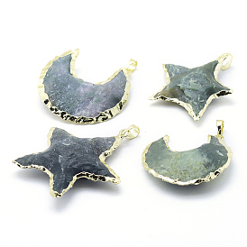 Natural Indian Agate Pendants, with Brass Findings, Star with Moon