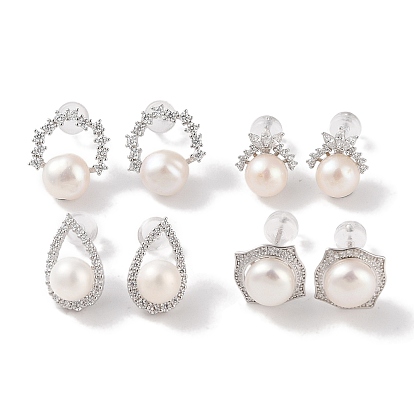 Стерлингового серебра серьги-гвоздики, с натуральным жемчугом и фианитом, украшения для женщин