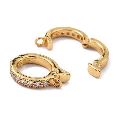Brass Micro Pave Clear Cubic Zirconia Hoop Earring Findings, with Vertical Loops, Long-Lasting Plated, Round Ring