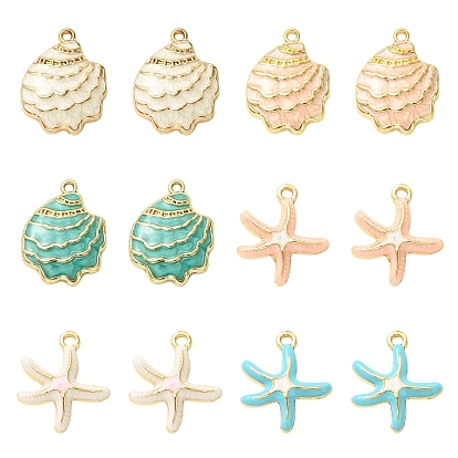 12Pcs 6 Styles Alloy Enamel Pendants, Cadmium Free & Lead Free, Starfish Shape Charms, Light Gold