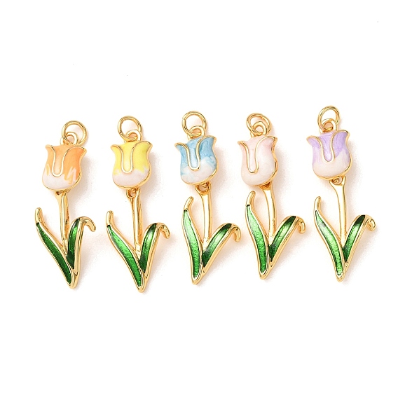 Colgantes de latón con esmalte, encantos de tulipanes, chapado en rack, larga duración plateado, sin plomo y el cadmio, real 18 k chapado en oro