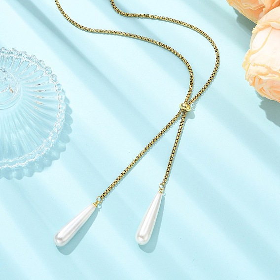 Регулируемая кисточка в форме капли с жемчугом, покрытым гальваническим покрытием 304 цепочка-слайдер из нержавеющей стали для женщин, белые