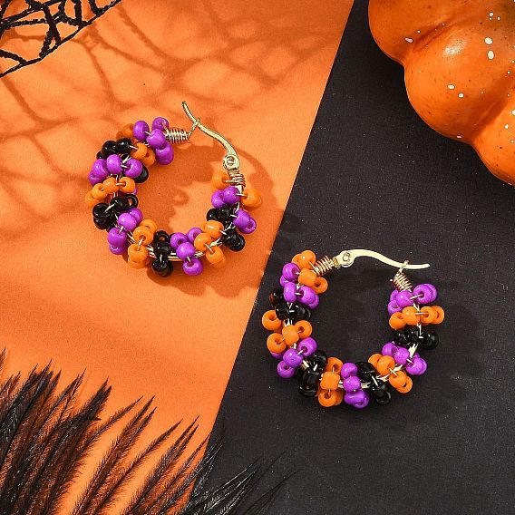Halloween 201 Pendientes de aro de acero inoxidable para mujer, pendientes de aro de cuentas de semillas de vidrio