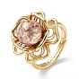 Natural Green Lodolite Quartz Flower Adjustable Ring, Rack Plating Brass Jewelry for Women, Golden