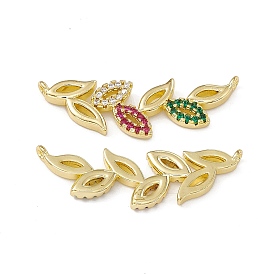 Rack Plating Brass Micro Pave Colorful Cubic Zirconia Connector Charms, Cadmium Free & Lead Free, Leaf Links