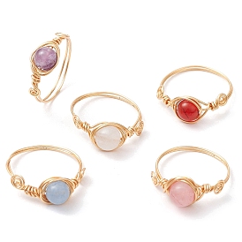 Round Natural Quartz Crystal & Rose Quartz & Quartz & Malaysia Jade & Amethyst Finger Rings, Copper Wire Wrapped Ring for Women