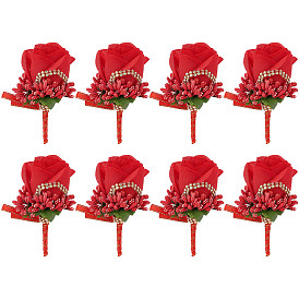 CRASPIRE 8Pcs Cloth Rose Flower Boutonniere Brooch with Rhinestone, Iron Lapel Pin for Wedding Party