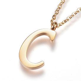 304 Stainless Steel Initial Pendant Necklaces, Letter C, with Cable Chains and Lobster Clasp
