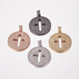 Long-Lasting Plated Brass Micro Pave Cubic Zirconia Pendants, Flat Round with Cross