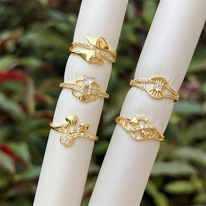 Brass Micro Pave Cubic Zirconia Cuff Open Rings for Women
