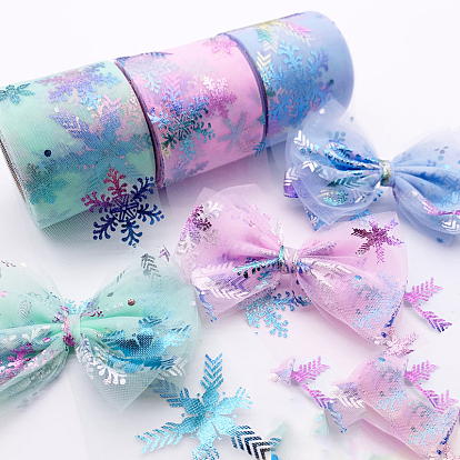 25 Yards Christmas Polyester Deco Mesh Ribbon, Hot Stamping Snowflake Tulle Fabric, for Bowknot Making