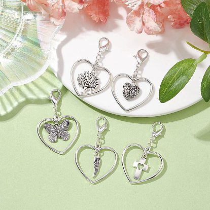 Valentine's Day Tibetan Style Alloy Pendant Decorations, with Zinc Alloy Lobster Claw Clasps, Heart with Wing/Cross/Tree of Life/Butterfly