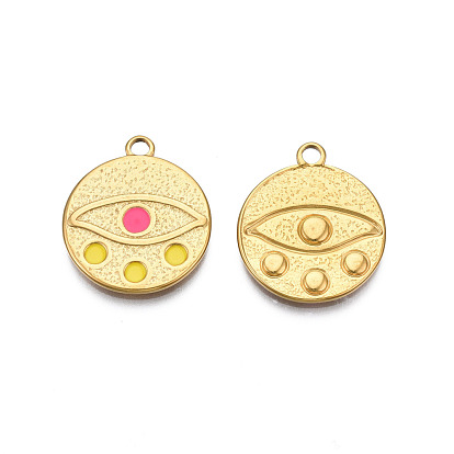 304 Stainless Steel Enamel Pendants, Real 18K Gold Plated, Flat Round with Eye