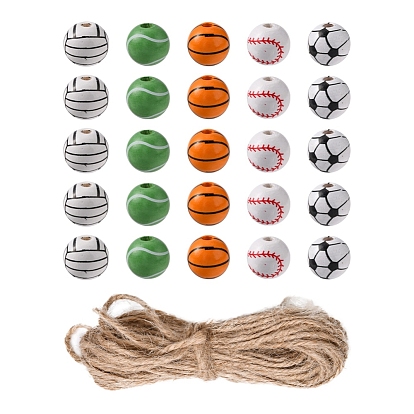 50Pcs 5 Styles Printed Natural Wood European Beads, Large Hole Beads, Baseball & Volleyball & Football & Basketball, with 1 Bundle Jute Cord
