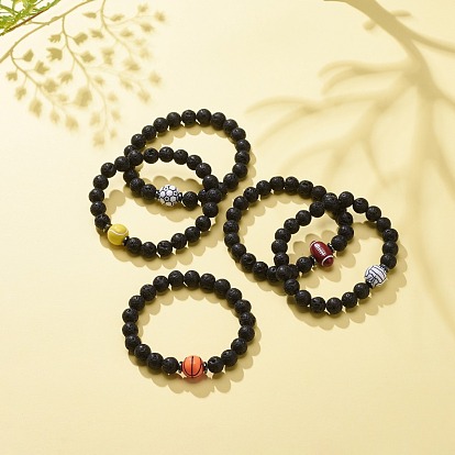 Natural Lava Rock & Synthetic Hematite & Acrylic Beaded Stretch Bracelet, Essential Oil Gemstone Jewelry for Men Women
