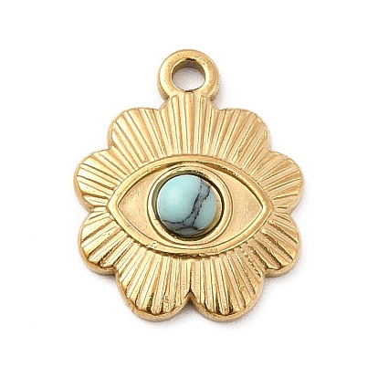 Synthetic Turquoise Pendants, Flower Charms with Eye, Ion Plating(IP) 304 Stainless Steel Findings