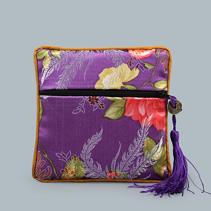 Retro Square Cloth Zipper Pouches, with Tassel and  Flower Pattern