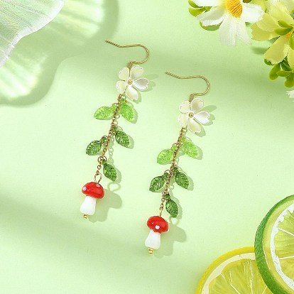 Acrylic & Handmade Lampwork & ABS Plastic Imitation Pearl  Dangle Earrings, Flower with Mushroom, 304 Stainless Steel Dangle Earrings for Women