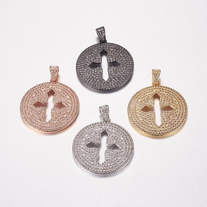 Long-Lasting Plated Brass Micro Pave Cubic Zirconia Pendants, Flat Round with Cross
