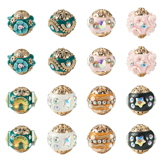 16Pcs 8 Styles Handmade Resin Indonesia Round Beads, with Alloy Rhinestone Findings, Round