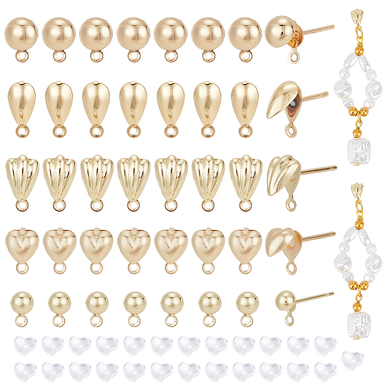 40 шт. 5 стили серьги-гвоздики в форме капли, ракушки, сердца и плоского круглого сплава, с горизонтальными петлями, с 50 пластиковыми ушными гайками