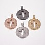 Long-Lasting Plated Brass Micro Pave Cubic Zirconia Pendants, Flat Round with Cross