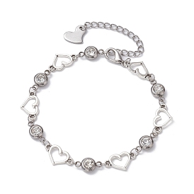 Alloy Heart Link Bracelet with Clear Cubic Zirconia