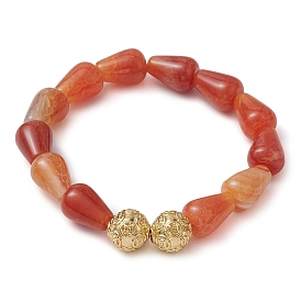 Teardrop Natural Crackle Agate & Round Brass Beaded Stretch Bracelets for Women