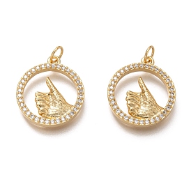 Brass Micro Pave Clear Cubic Zirconia Pendants, Long-Lasting Plated, with Jump Rings, Flat Round with Thumbs Up Sign