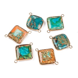 Dyed Natural Imperial Jasper Connector Charms, Golden Tone Brass Rhombus Links