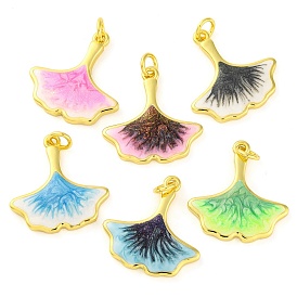 Brass Enamel Pendants, with Glitter and Jump Ring, Long-Lasting Plated, Real 18K Gold Plated, Ginkgo Leaf Charm