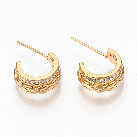 Brass Micro Pave Clear Cubic Zirconia Half Hoop Earrings, Stud Earring, Textured, Semicircular, Nickel Free