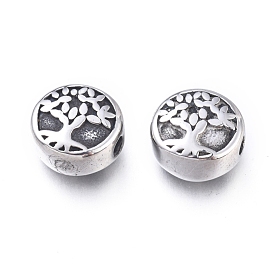 304 Stainless Steel Beads, Flat Round with Tree of Life