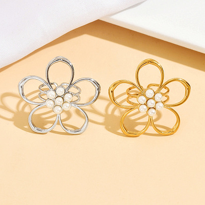 304 кольца из нержавеющей стали с пластиковым жемчугом, цветок, эффектные кольца