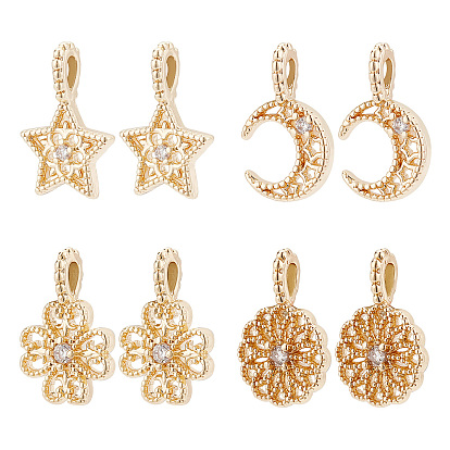 8Pcs 4 Style Brass Micro Pave Clear Cubic Zirconia Charms, Mixed Shapes