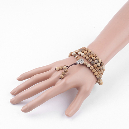 Biens à double usage, quatre boucles image naturelle jaspe envelopper des bracelets bouddhistes ou des colliers de perles, avec des sacs de jute, argent antique
