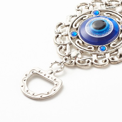 Glass Turkish Blue Evil Eye Pendant Decoration, with Alloy Flower & Flat Round Design Charm, for Home Wall Hanging Amulet Ornament