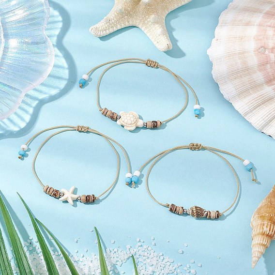 3шт. синтетическая бирюза и натуральные кокосовые бусины рондель плетеные браслеты для женщин и мужчин, с нейлоновой нитью