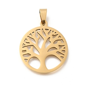 201 Stainless Steel Pendants, Laser Cut, Flat Round with Tree of Life Charm