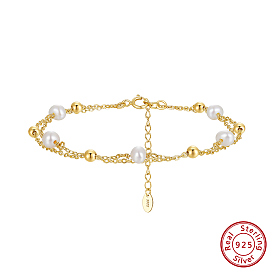 925 Sterling Silver Satellite Chains Double Layer Multi-strand Bracelet, with Natural Pearl