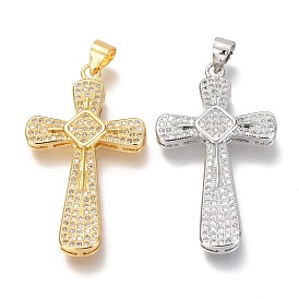 Brass Micro Pave Clear Cubic Zirconia Pendants, Cross with Rhombus