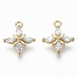 Brass Micro Pave Clear Cubic Zirconia Charms, Nickel Free, Flower