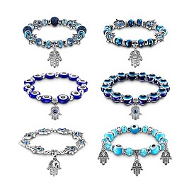 Devil Eye Fatima Alloy Palm Pendant Bracelet with Blue Volcanic Stone Resin Beads