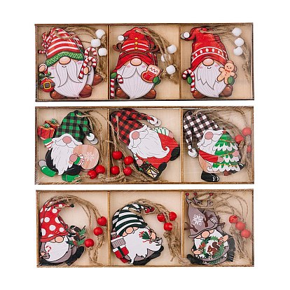 Christmas Theme Printed Wood Gnome Pendant Decorations, with Wood Beads and Hemp Cord Christmas Tree Hanging Decorations